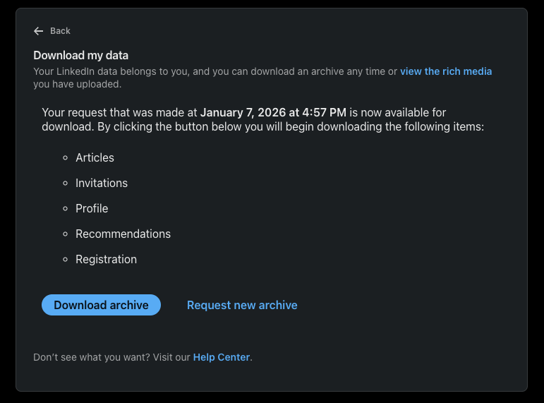 LinkedIn Download Archive Page