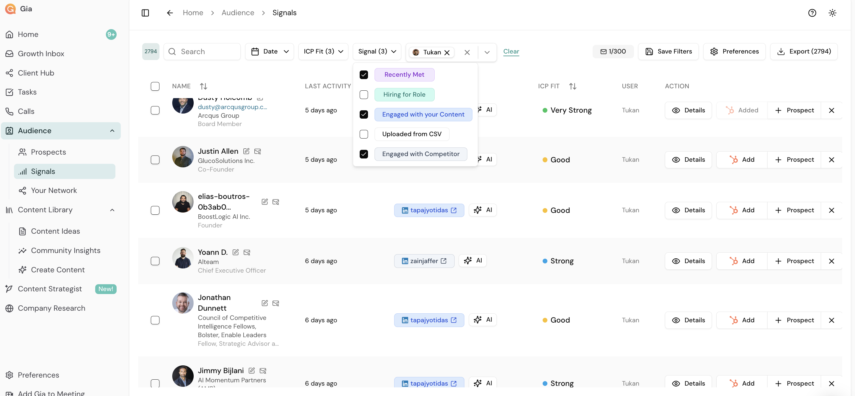 Signals Tab — Filter Panel