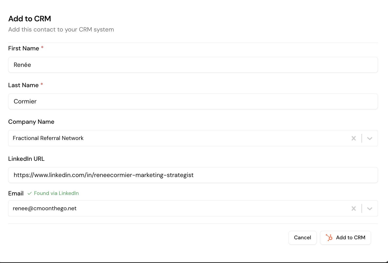 Add to CRM — Pre-Populated Contact