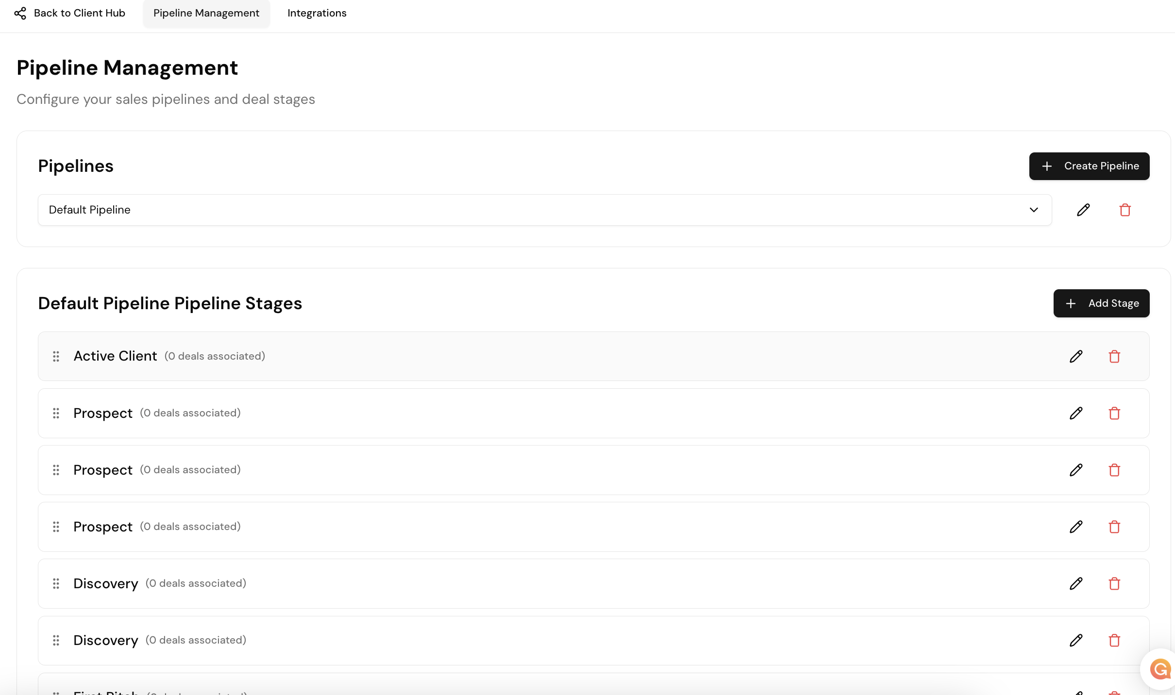 Settings — Pipeline & Deal Stages