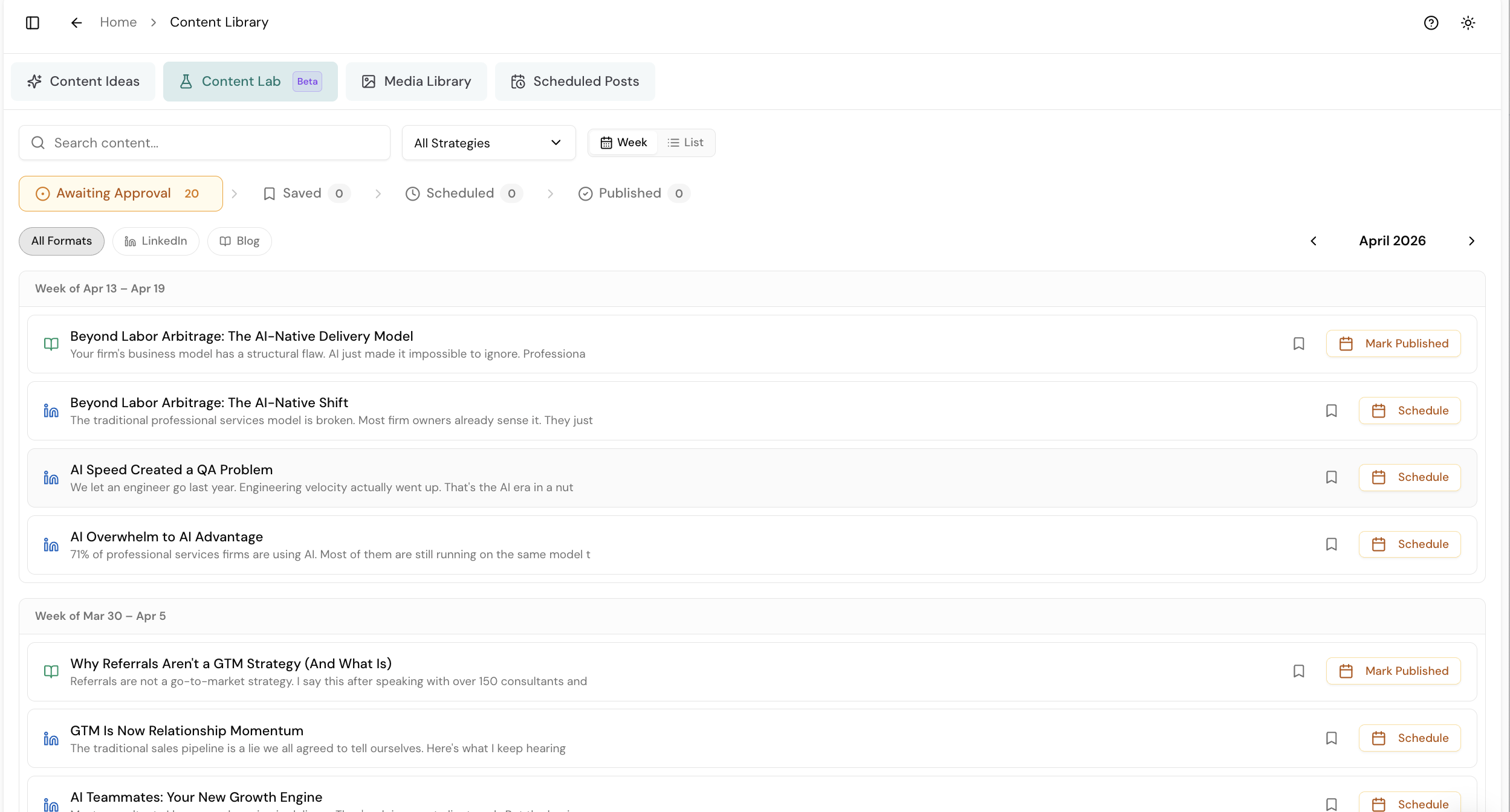 Content Lab (Coming Soon) — Auto-Drafted Calendar